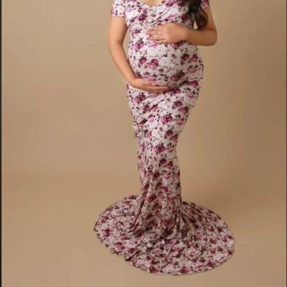 Sew Trendy Maternity Photography Gown Mermaid Zoie Dress Maxi Stretchy Floral - Picture 1 of 15